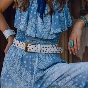 Most Wanted Distressed Studded Leather Belt Beige